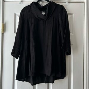 Cowl Neck Black Top Blouse Tunic Shirt Textured Long Sleeve Crinkle